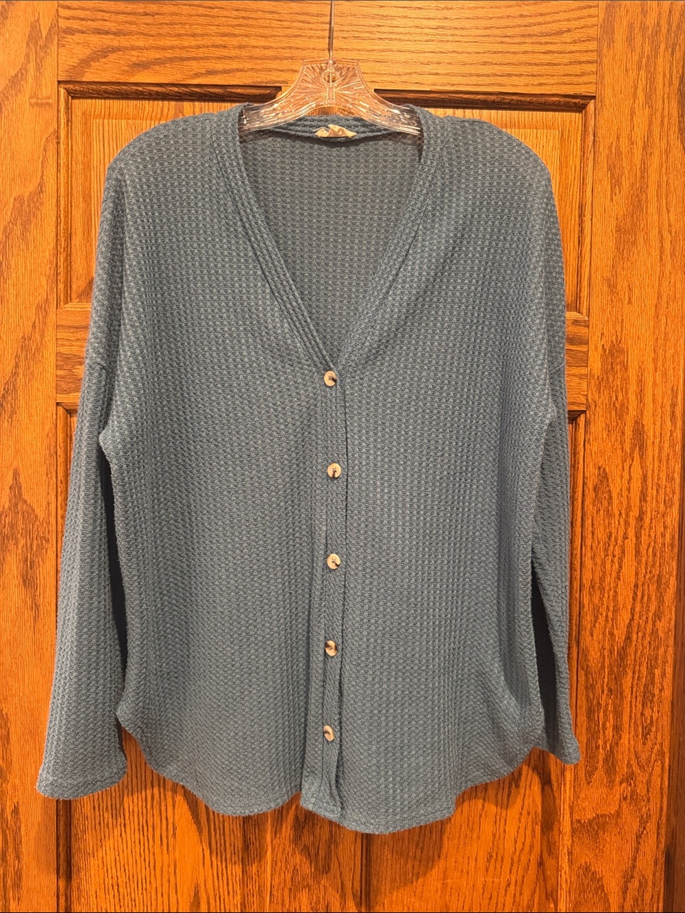 LA MIEL Slate Blue Waffle-Knit Button Cardigan